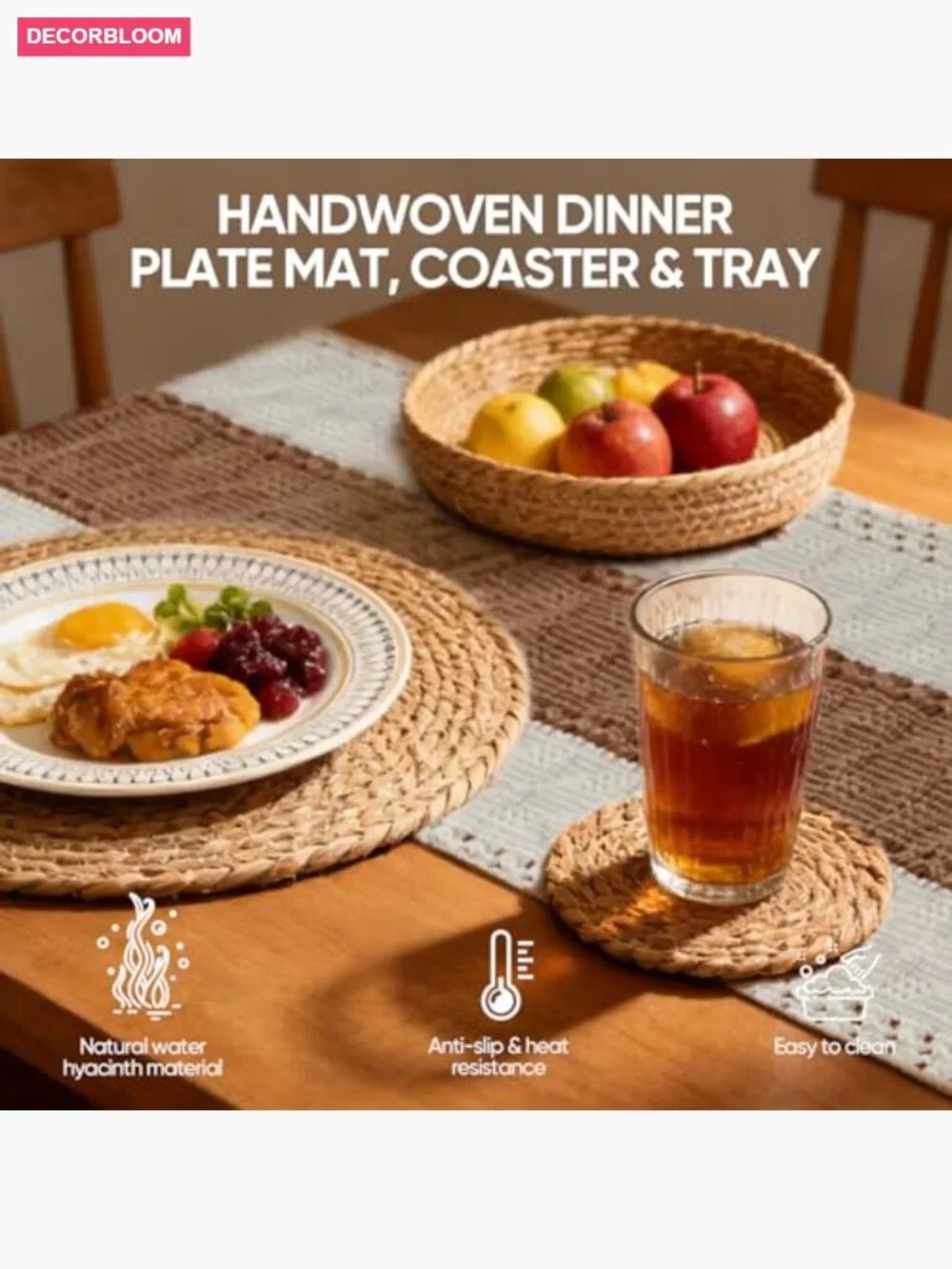 32 Pcs Boho Placemats Table Setting Set - Hand-Woven Water Hyacinth Mats, Cloth